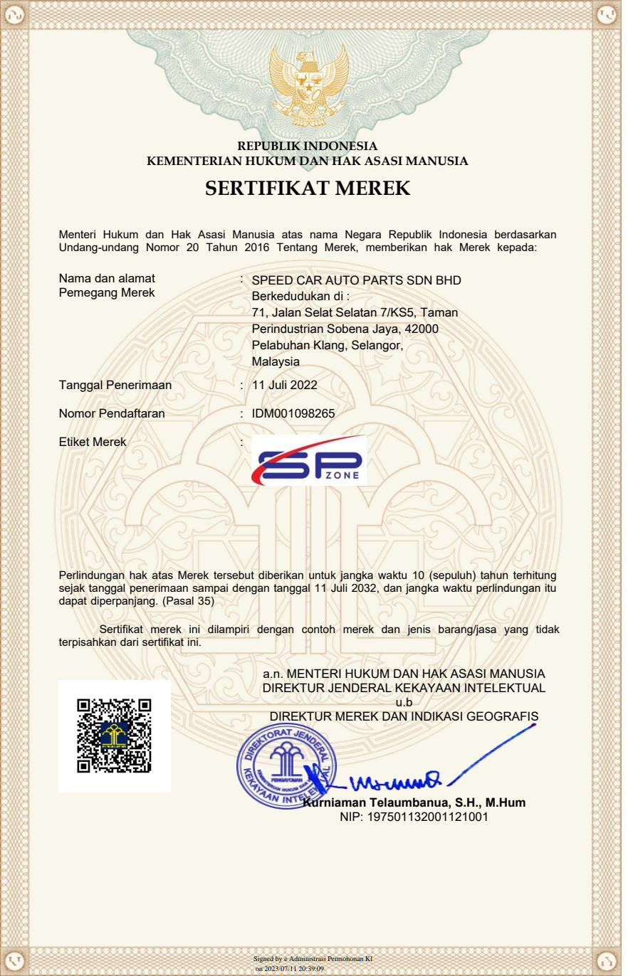 SP ZONE Indonesia Trademark Certificate IDM001098265