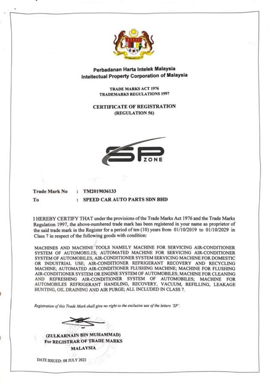 SP ZONE Malaysia Trademark Certificate TM2019036133