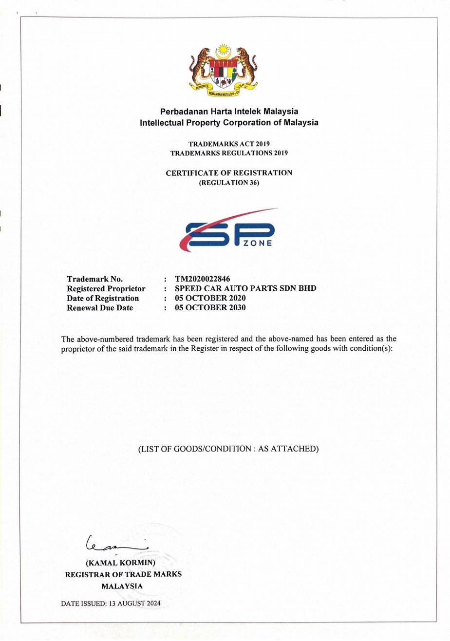 SP ZONE Malaysia Trademark Certificate TM2020022846