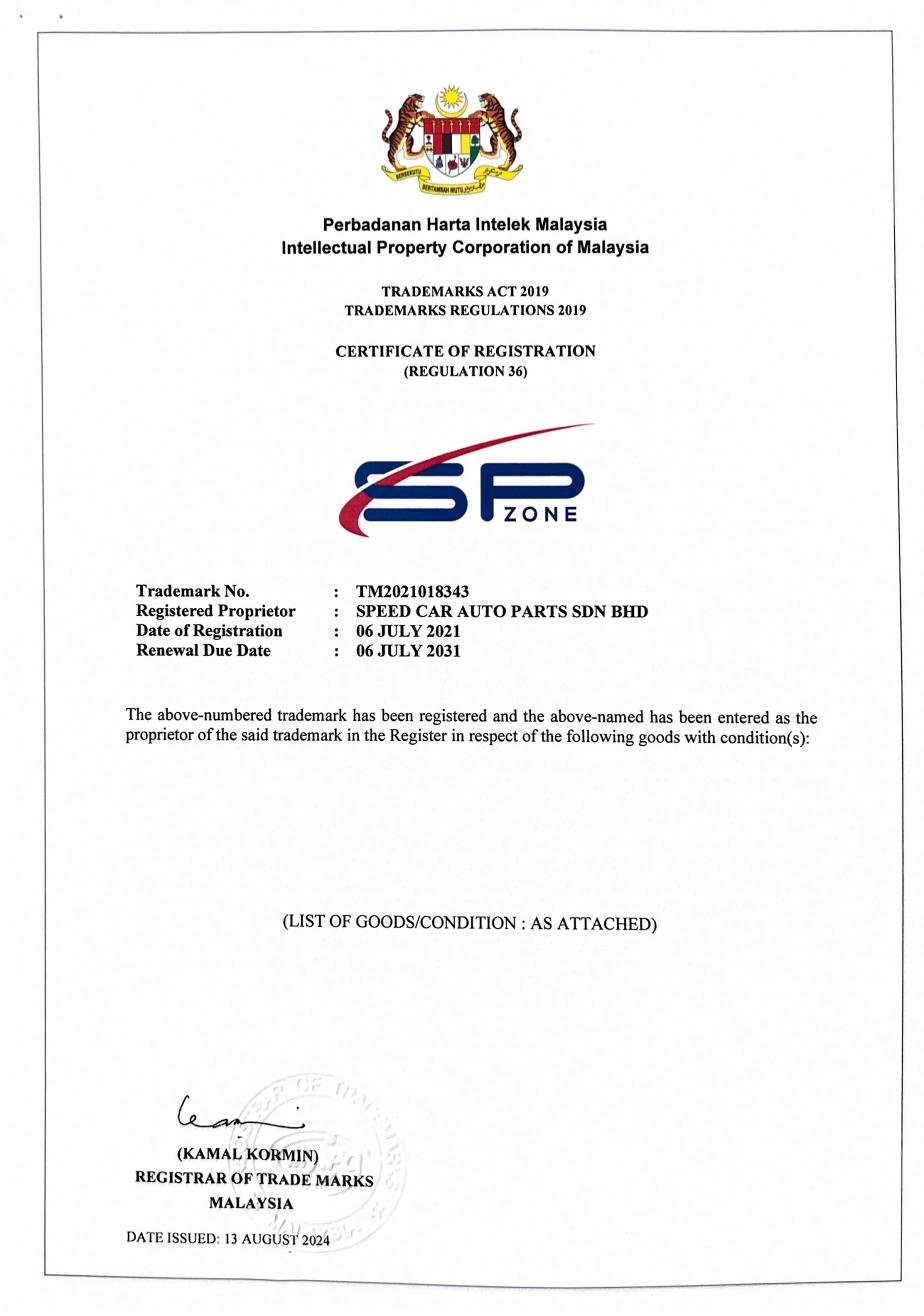 SP ZONE Malaysia Trademark Certificate TM2021018343
