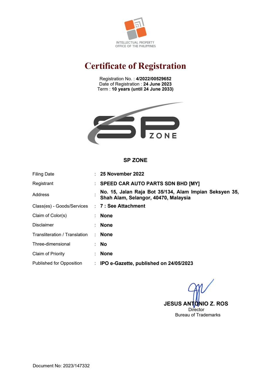 SP ZONE Philippines Trademark Certificate 4/2022/00529652