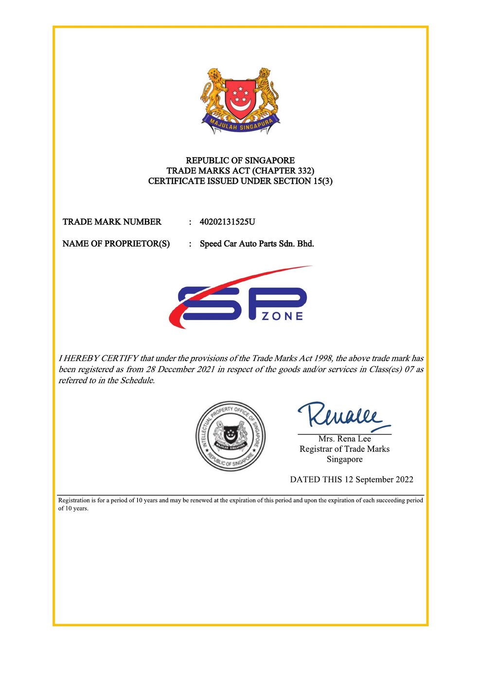 SP ZONE Singapore Trademark Certificate